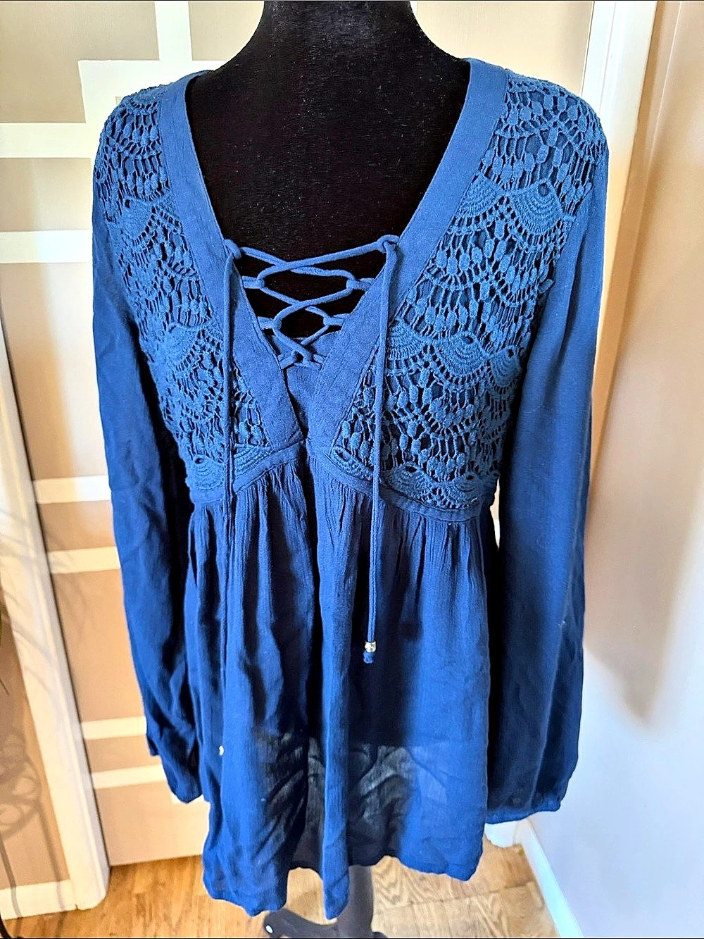 Roper Boho/Western Crochet Lace Bodice Peasant Top Lace-Up Long Sleeve Sz M NWOT